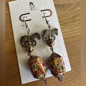 Vintage Multicolor Cloisonné Bead Metal Zebra Charm Earrings